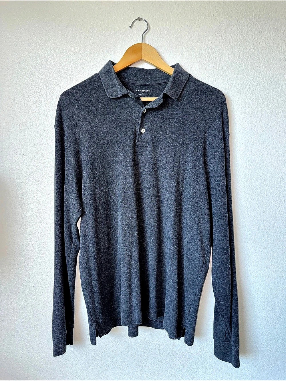 Lands' End Men's Long Sleeve Cotton Sweater Polo Shirt Gray